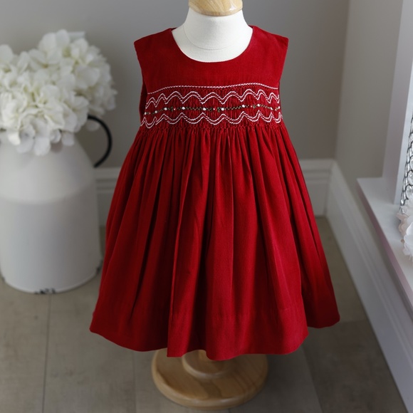 Red Smocked Dress Cotton Corduroy Embroidery Sleeveless 18 Months PERFECT - Picture 2 of 5